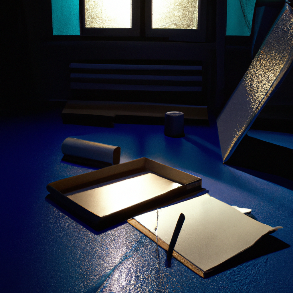 Minimalist interior painting workspace with tape, roller, brush, and a checklist clipboard in a high-contrast blue-toned setup.