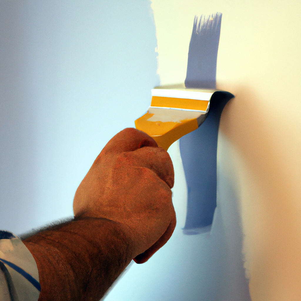 Interior painter prepping a wall using a putty knife and blue painter’s tape under soft studio lighting